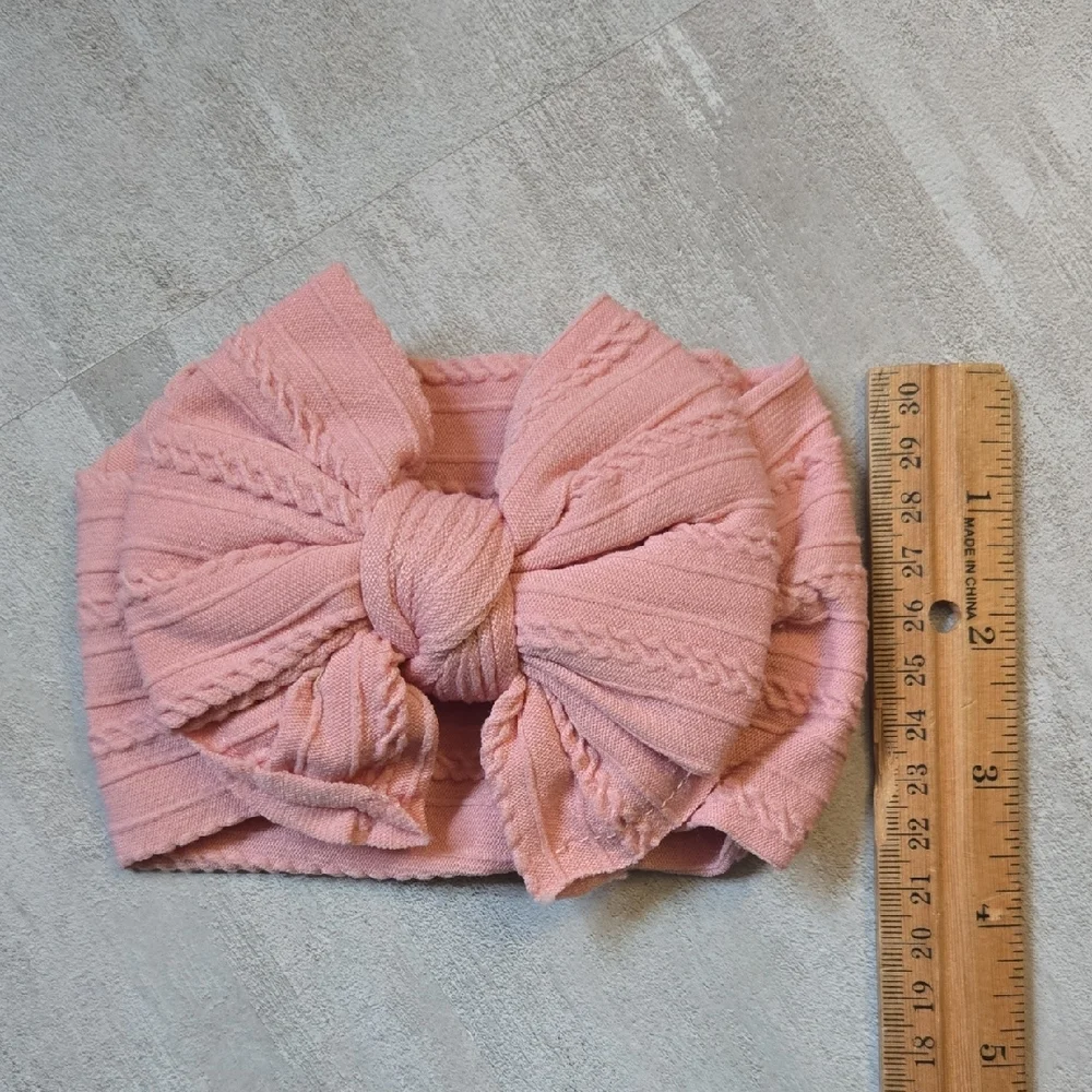 Baby Toddler Pink Cable Knit Bow Headband Stretchy Wide Kids Top Knot Hair Band